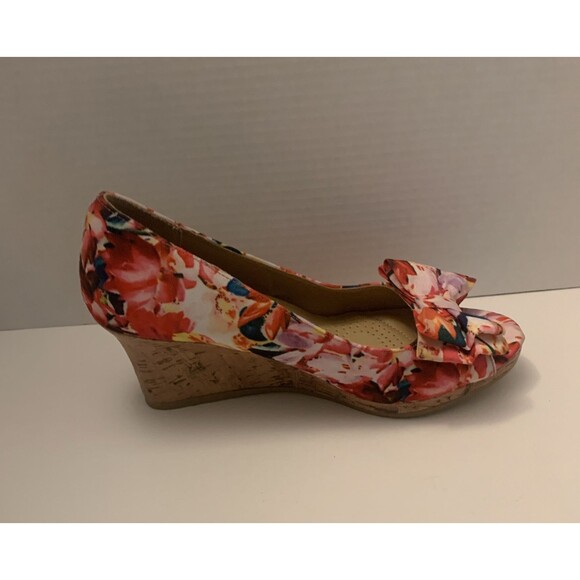 Dexflex Comfort Womens 8.5 Floral Wedge Bowtie Heels Colorful Peep Toe Shoes NEW - Picture 5 of 9